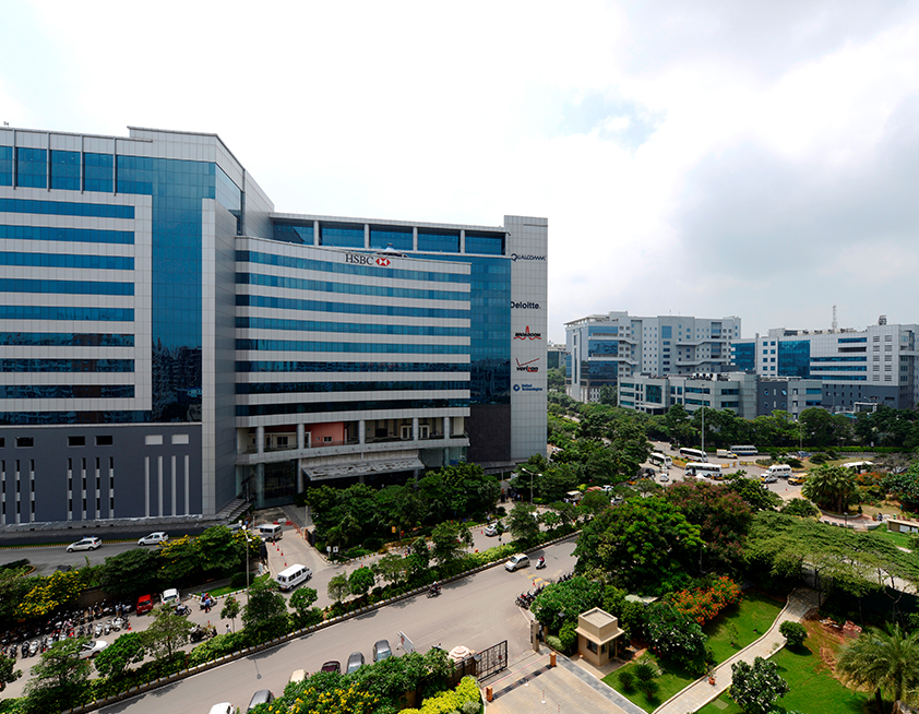 View of the LEED Platinum-certified Mindspace commercial complex in Hyderabad.
