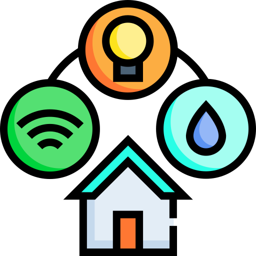 A house icon connected to circles for WiFi, electricity, and water, representing basic utility connections.
