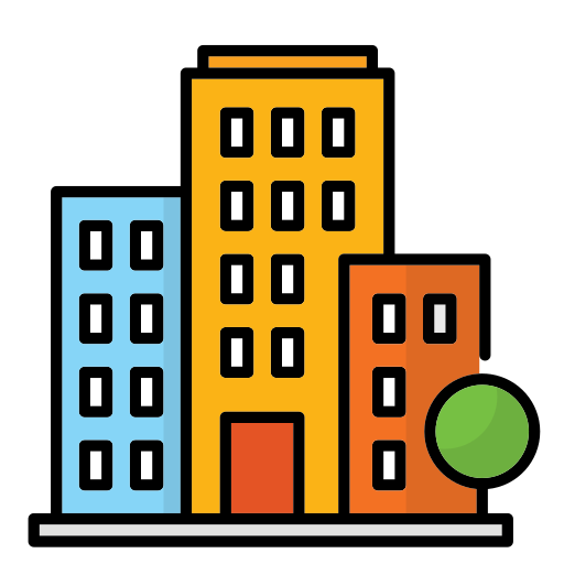 A colorful illustration of multiple high-rise apartment buildings and a small house.