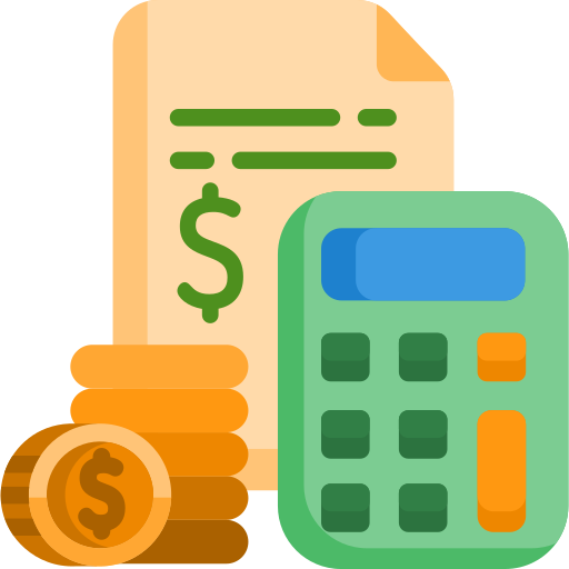 A flat-design graphic showing a green calculator next to a stack of gold coins and a financial document with a dollar sign.