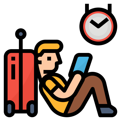 A person sitting with a suitcase and a clock, representing waiting time for possession.