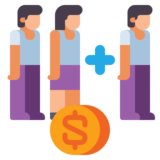A group of people with a plus sign and a dollar coin, representing additional costs or community living expenses.