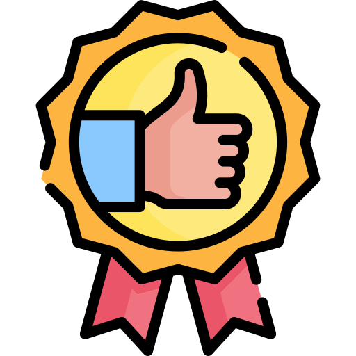A "thumbs up" hand icon on a gold award ribbon, representing customer satisfaction or guaranteed quality.