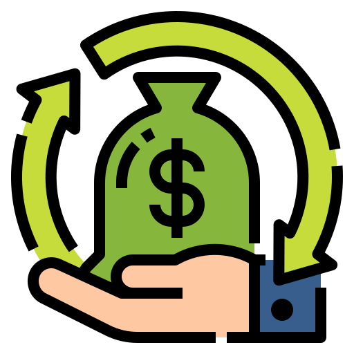 A hand holding a bag of money with circular arrows, representing return on investment or cash flow.