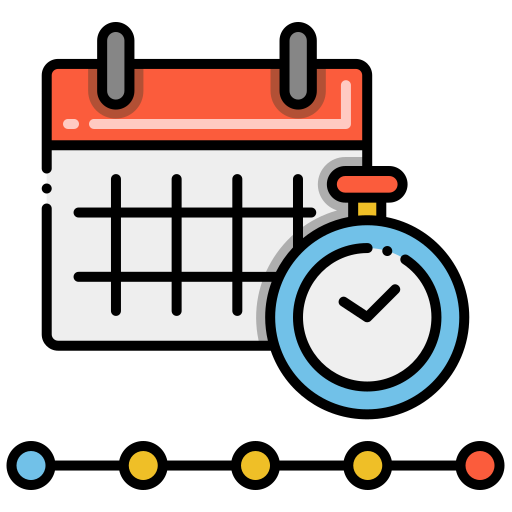 Top Icon: A calendar with a stopwatch and a progress timeline representing a project schedule or construction duration.
