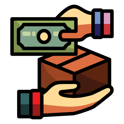 A hand handing over cash to another person over a box, representing a down payment or property transaction.