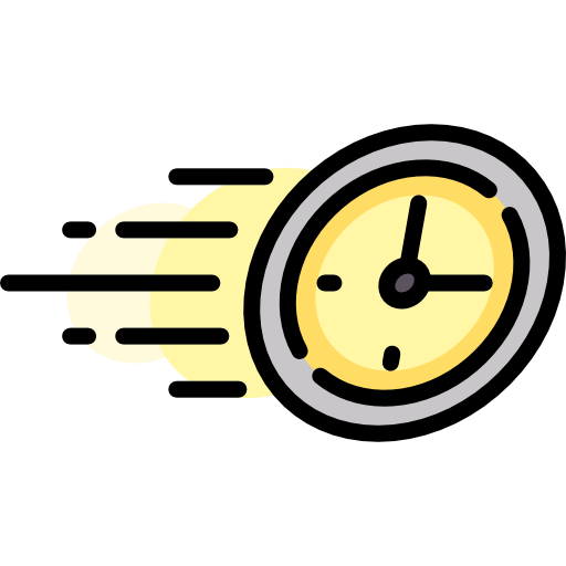 A fast-moving clock with motion lines, representing speed of delivery or quick possession.