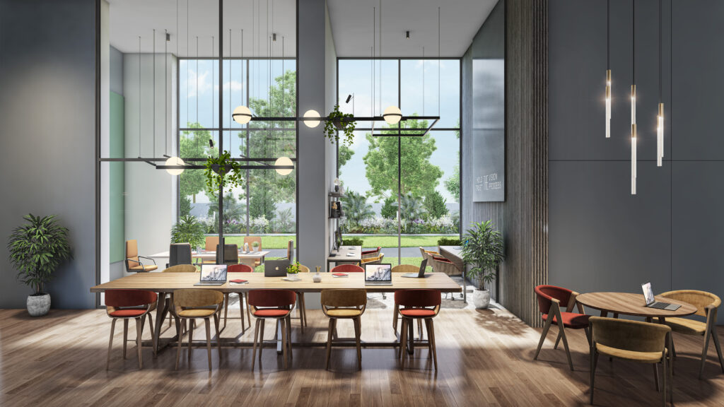 Professional and quiet co-working area within an apartment complex.