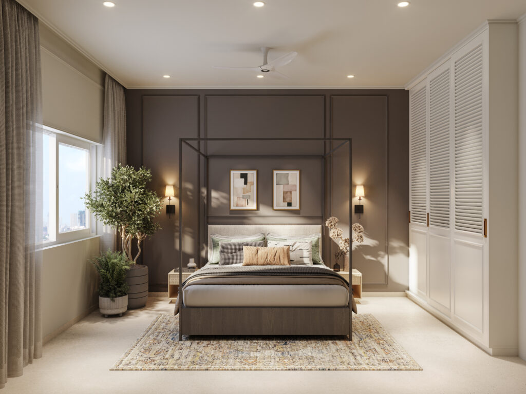 A modern and elegant bedroom featuring a canopy bed against a dark grey accent wall with decorative molding. The room includes white louvered wardrobes, warm wall sconces, indoor plants, and a large window that lets in natural light.