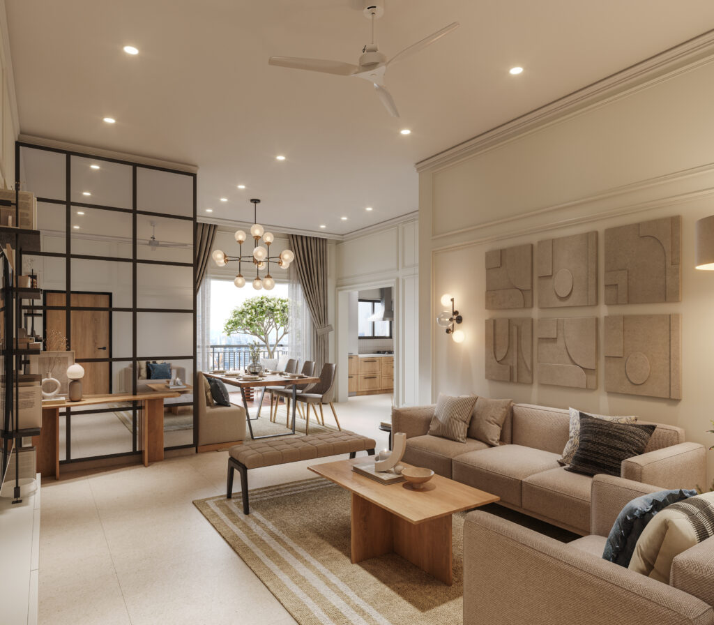 A spacious and modern open concept living room and dining area with warm lighting. The room features elegant furniture, a large window with a view, and stylish wall art in neutral tones.