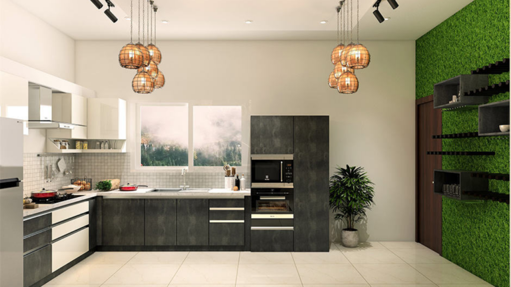 Soothing green kitchen island reflecting harmony and natural balance.