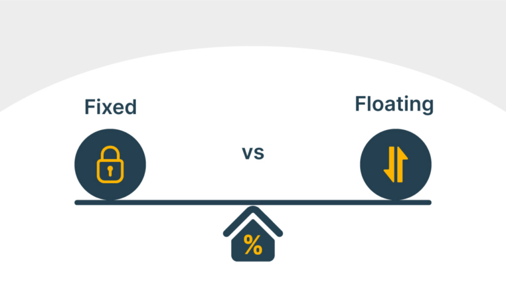 An illustration of a balance scale comparing Fixed and Floating interest rates for home loans.